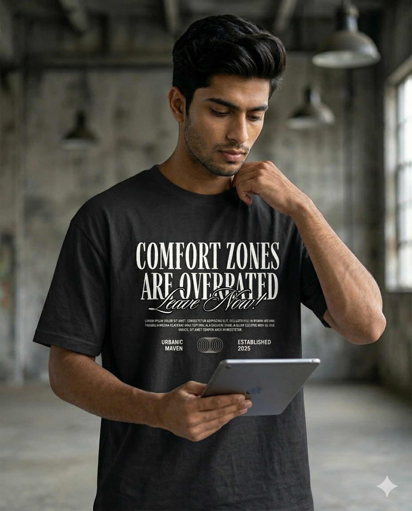 Man wearing a black t-shirt with motivational quote, holding a tablet in an industrial setting.