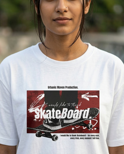 Closeup of a girl wearing a white t-shirt with a graphic design of a skateboard and text.