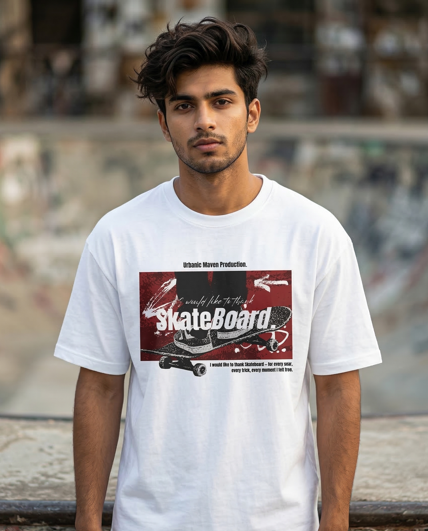 Person wearing a white t-shirt with a graphic design of a skateboard and text.