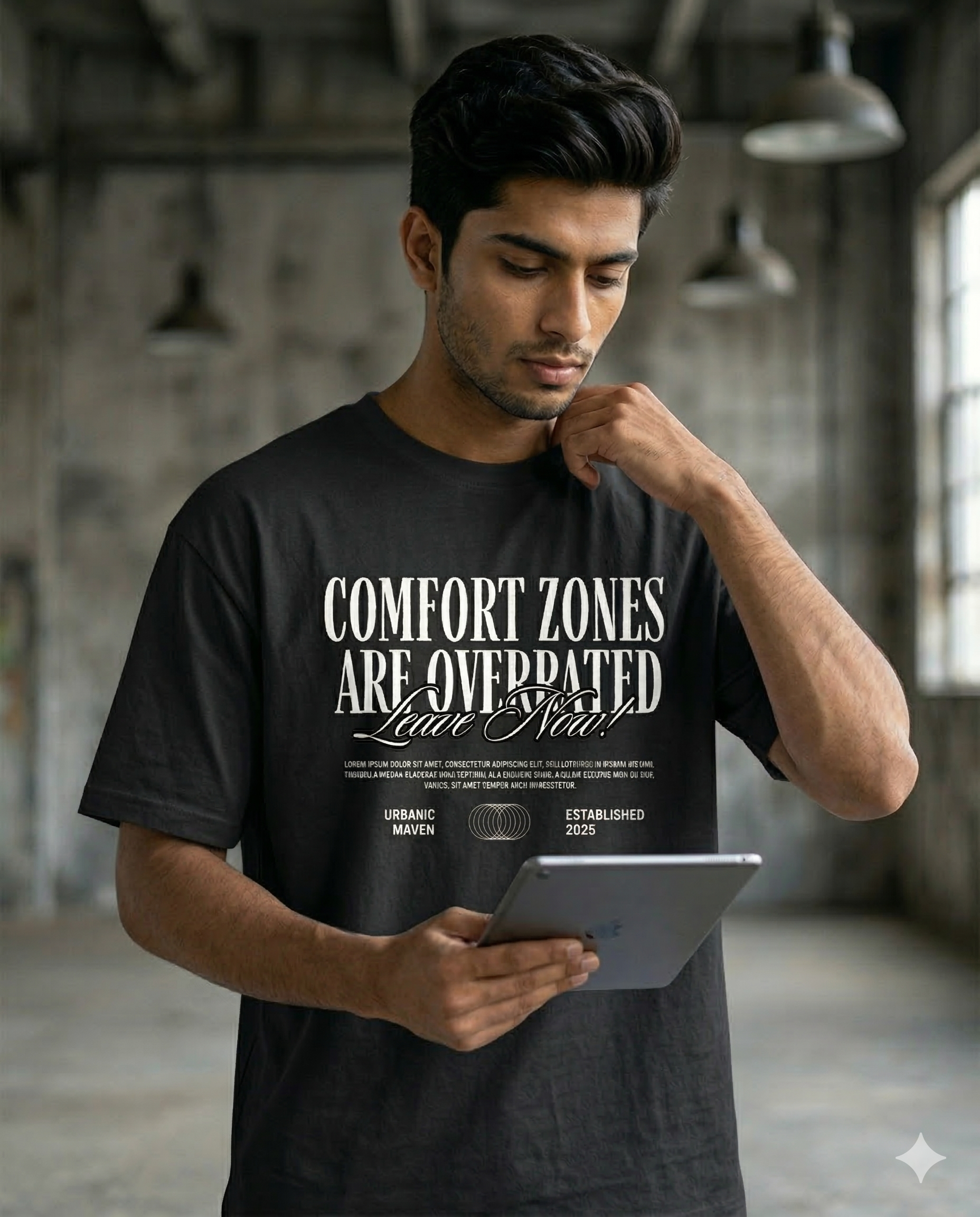 Man wearing a black t-shirt with motivational quote, holding a tablet in an industrial setting.