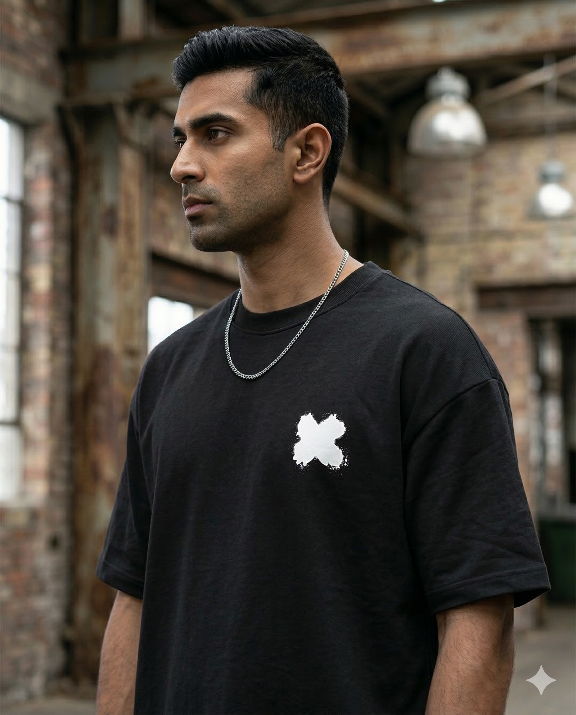 Man wearing a black t-shirt with a white logo in an industrial setting