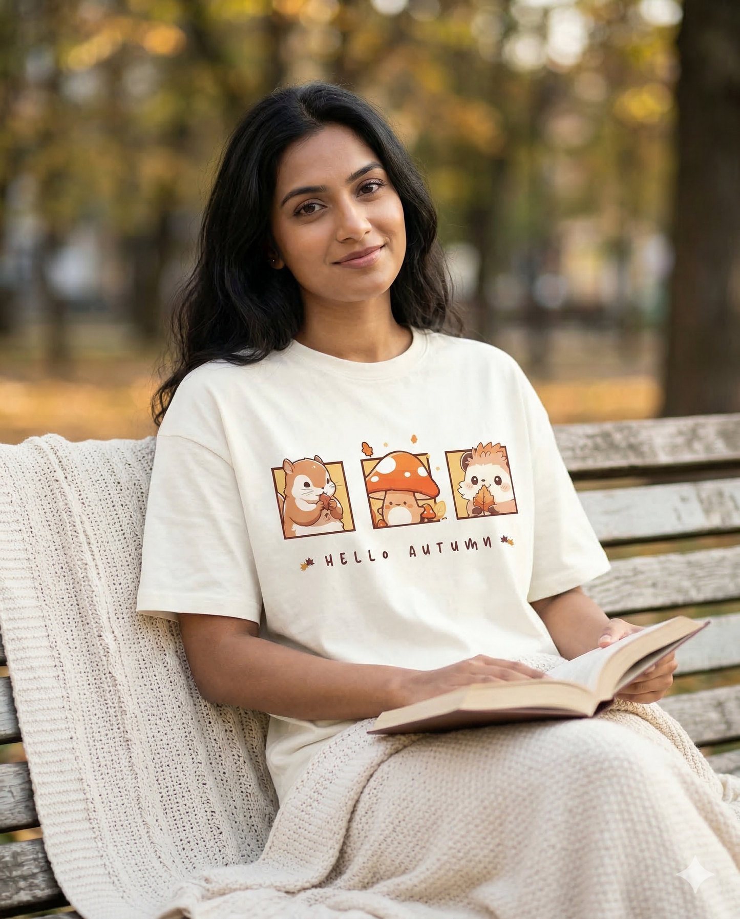 Woman sitting on a bench in a park wearing a 'Hello Autumn' t-shirt, holding an open book.