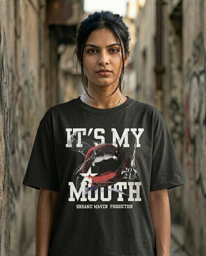 Women wearing a black t-shirt with graphic design and text in an urban setting