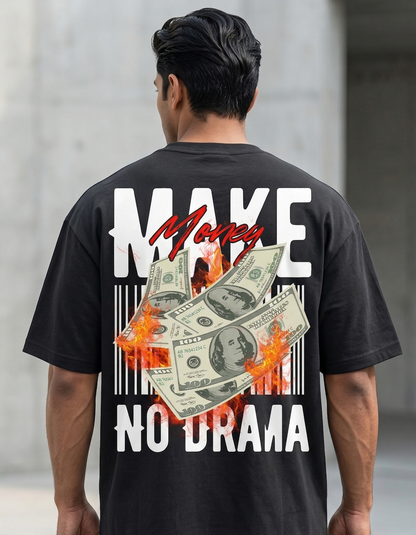 Person wearing a black t-shirt with money graphic and text 'Make Money, No Drama' on the back.